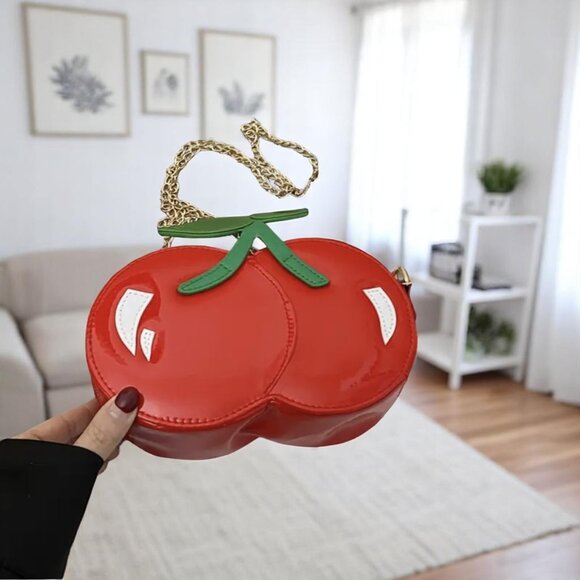 Cherry Red Mini Shoulder Bag Green Leaf Chain Strap - Picture 6 of 10
